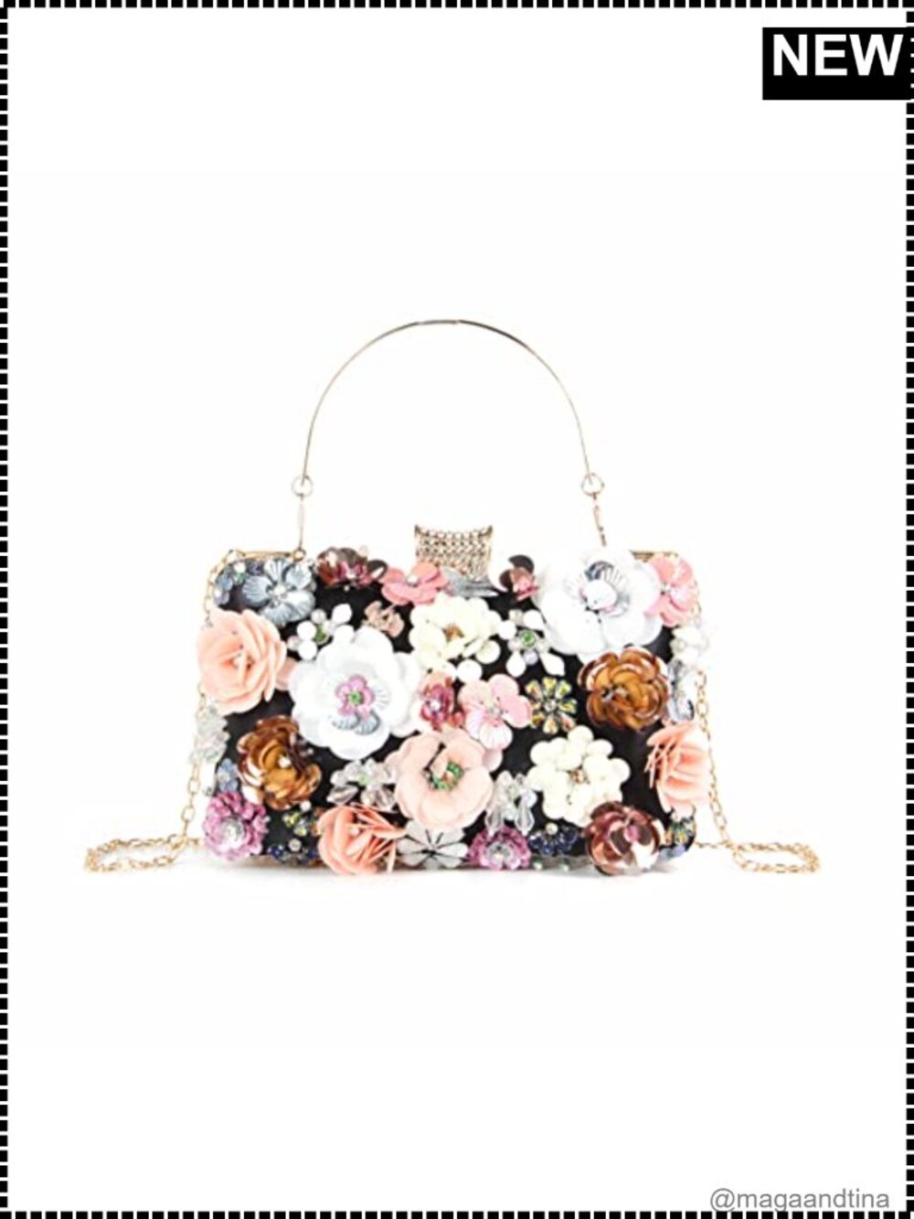 Lanpet 3D Floral Evening Clutch with Chain Strap – Beaded Satin Handbag, Formal